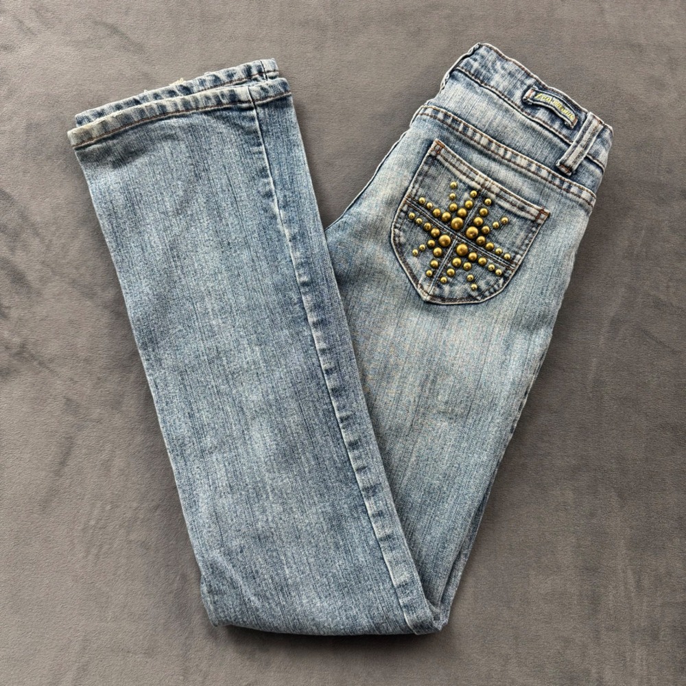 Zco premium Low Rise Bootcut Jeans Light Wash Studded Starburst Pockets Size 3